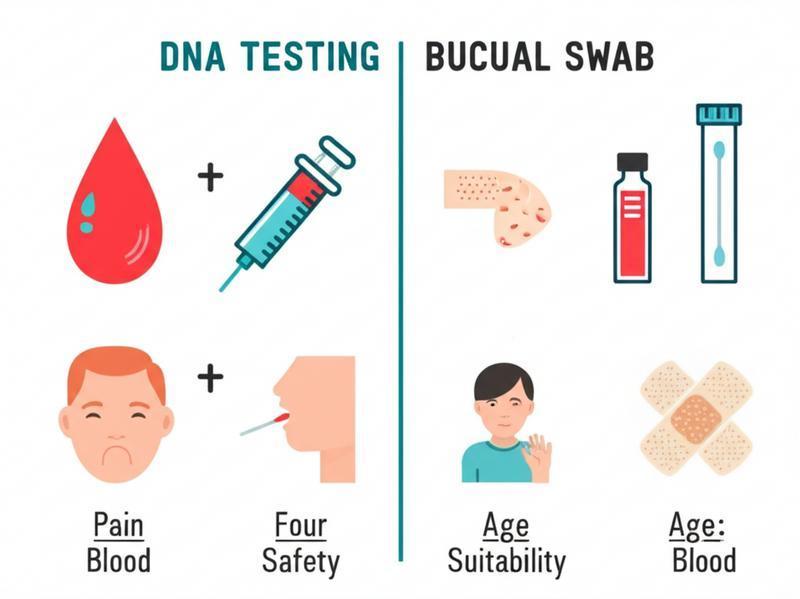 Infographic so sánh xét nghiệm ADN bằng máu và niêm mạc miệng, chỉ ra sự khác biệt về tính xâm lấn, độ tuổi phù hợp, quy trình lấy mẫu và chi phí.